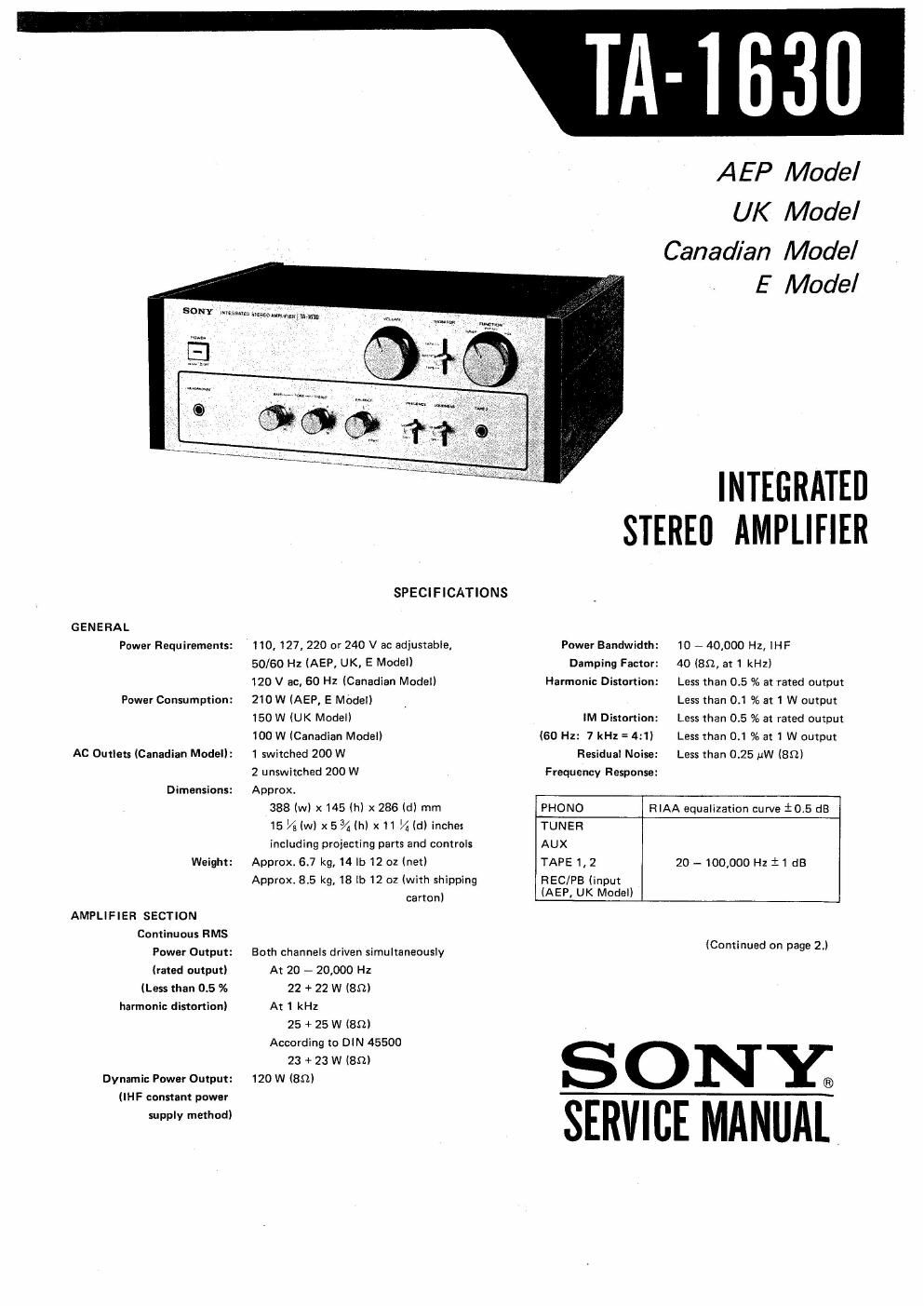 sony ta 1630 service manual