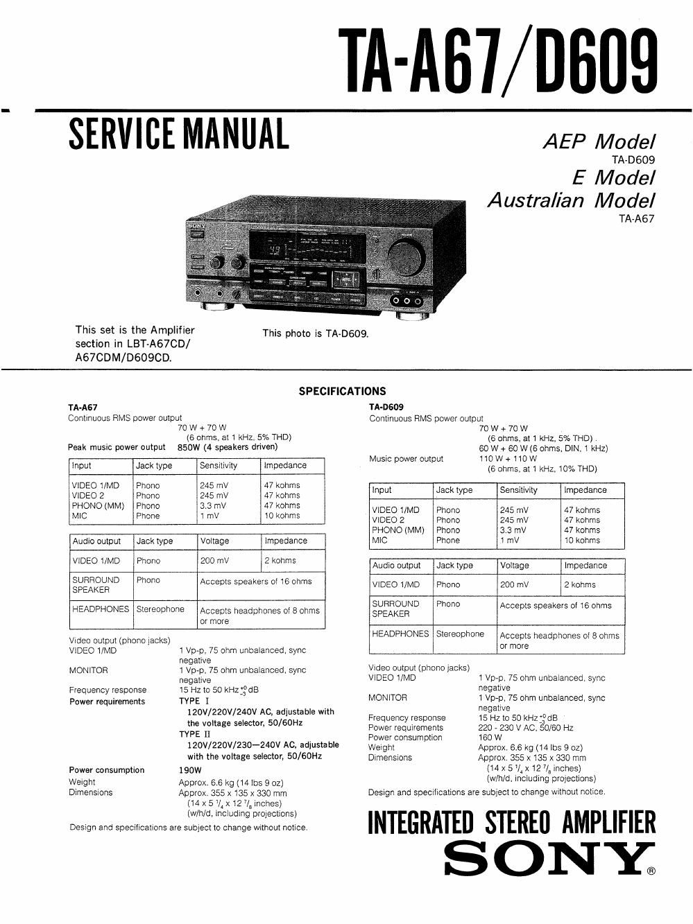 sony ta a 67 service manual