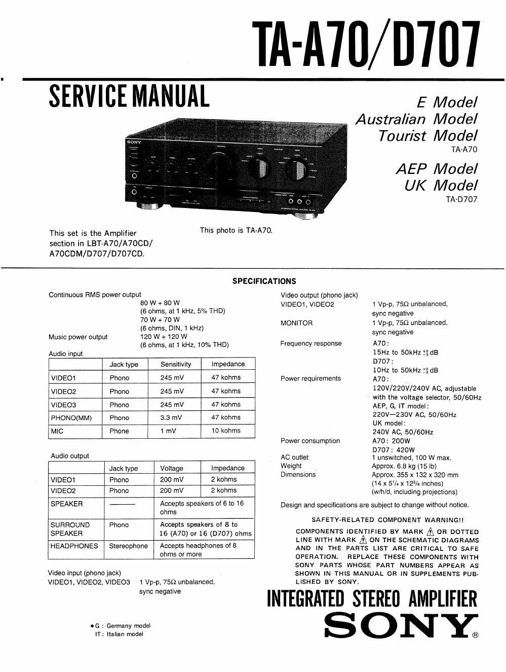 sony ta a 70 service manual