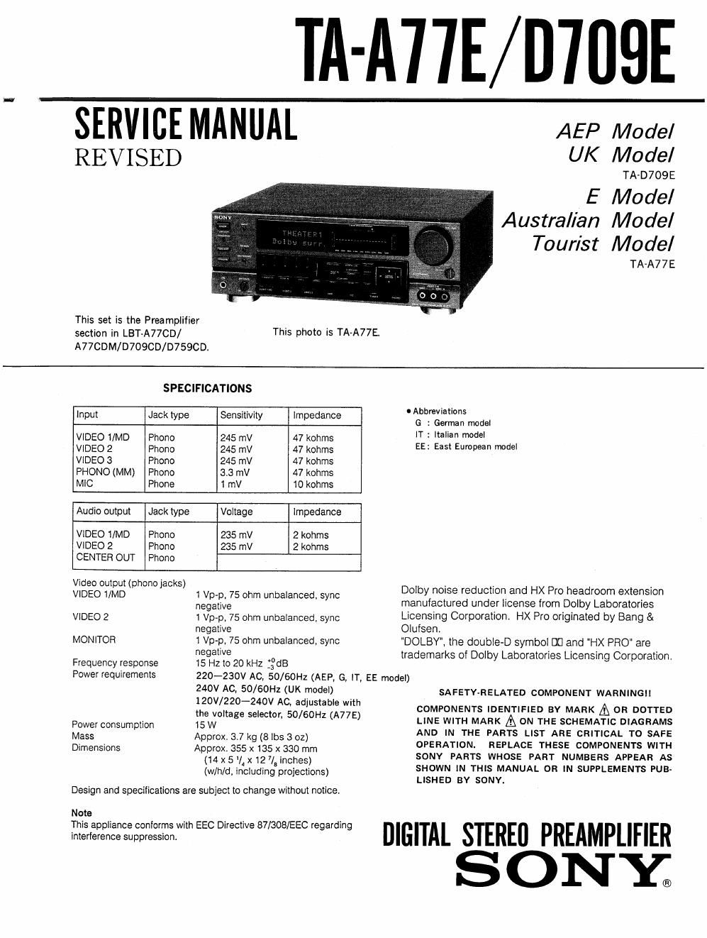 sony ta a 77 e service manual