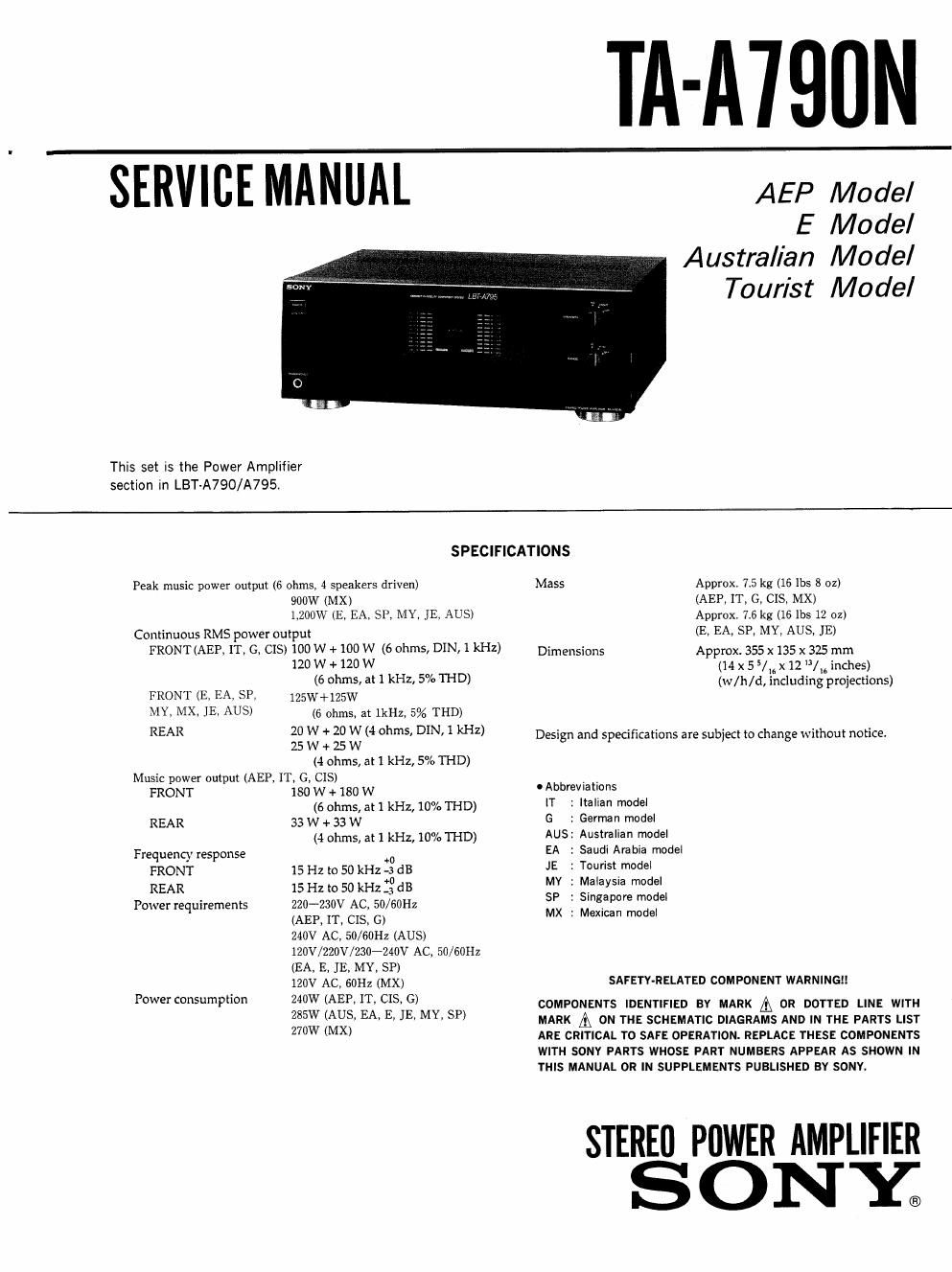 sony ta a 790 n service manual