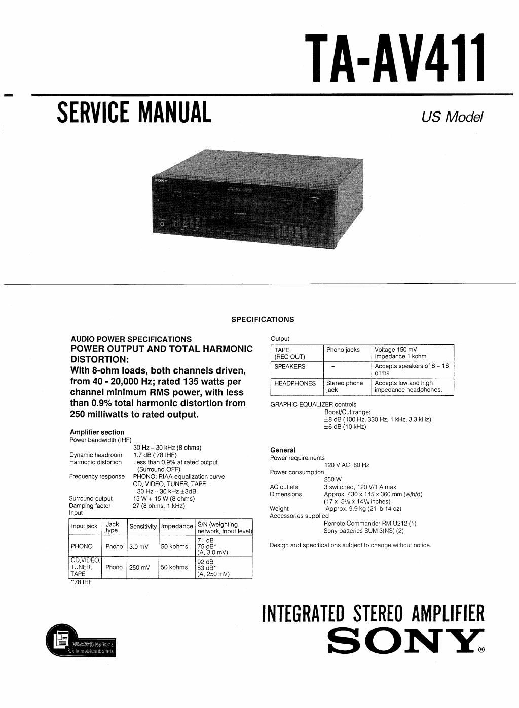 sony ta av 411 service manual