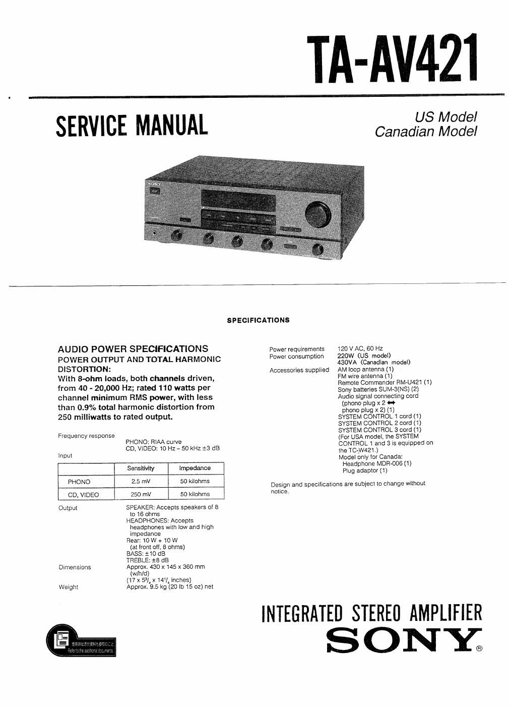 sony ta av 421 service manual