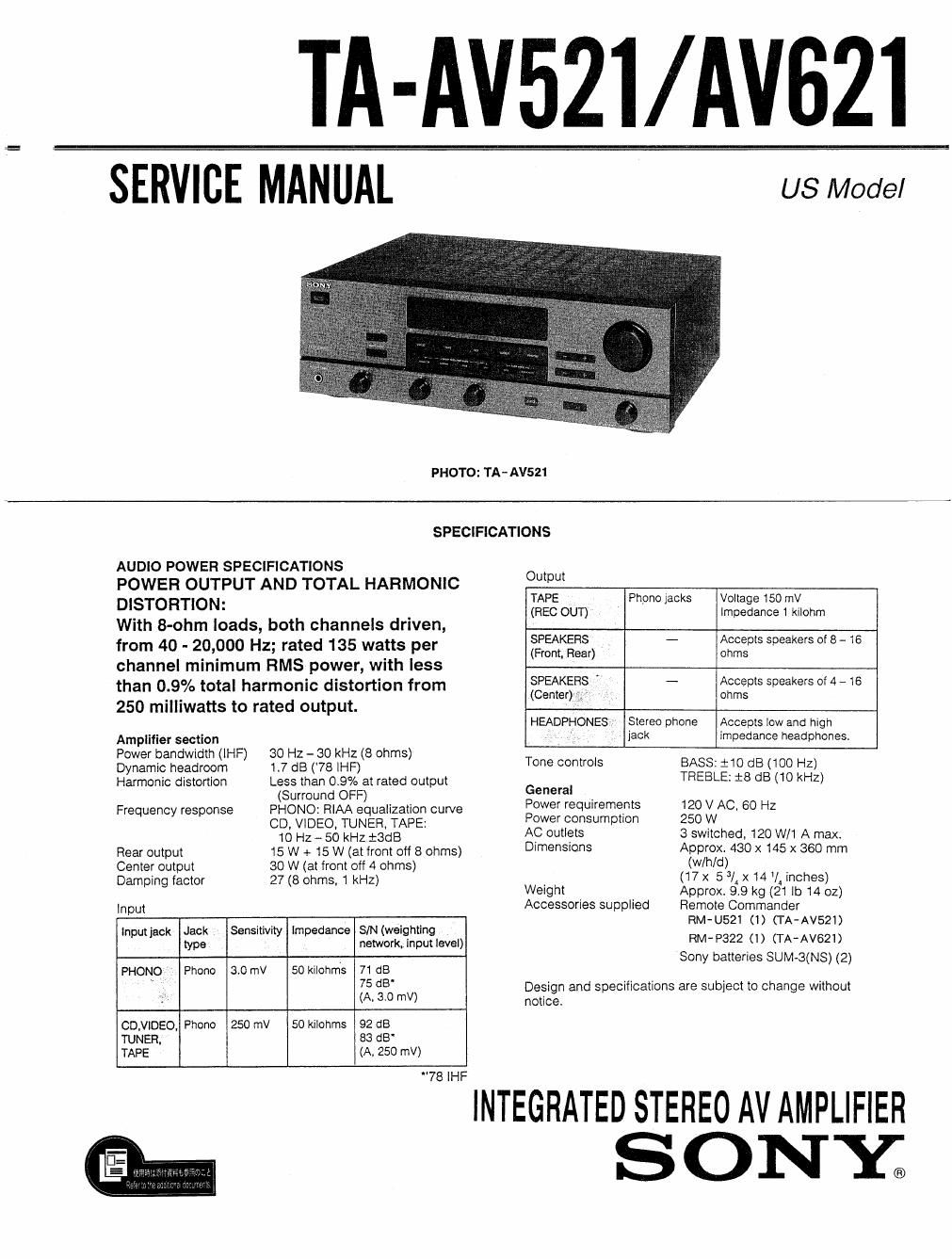 sony ta av 621 service manual