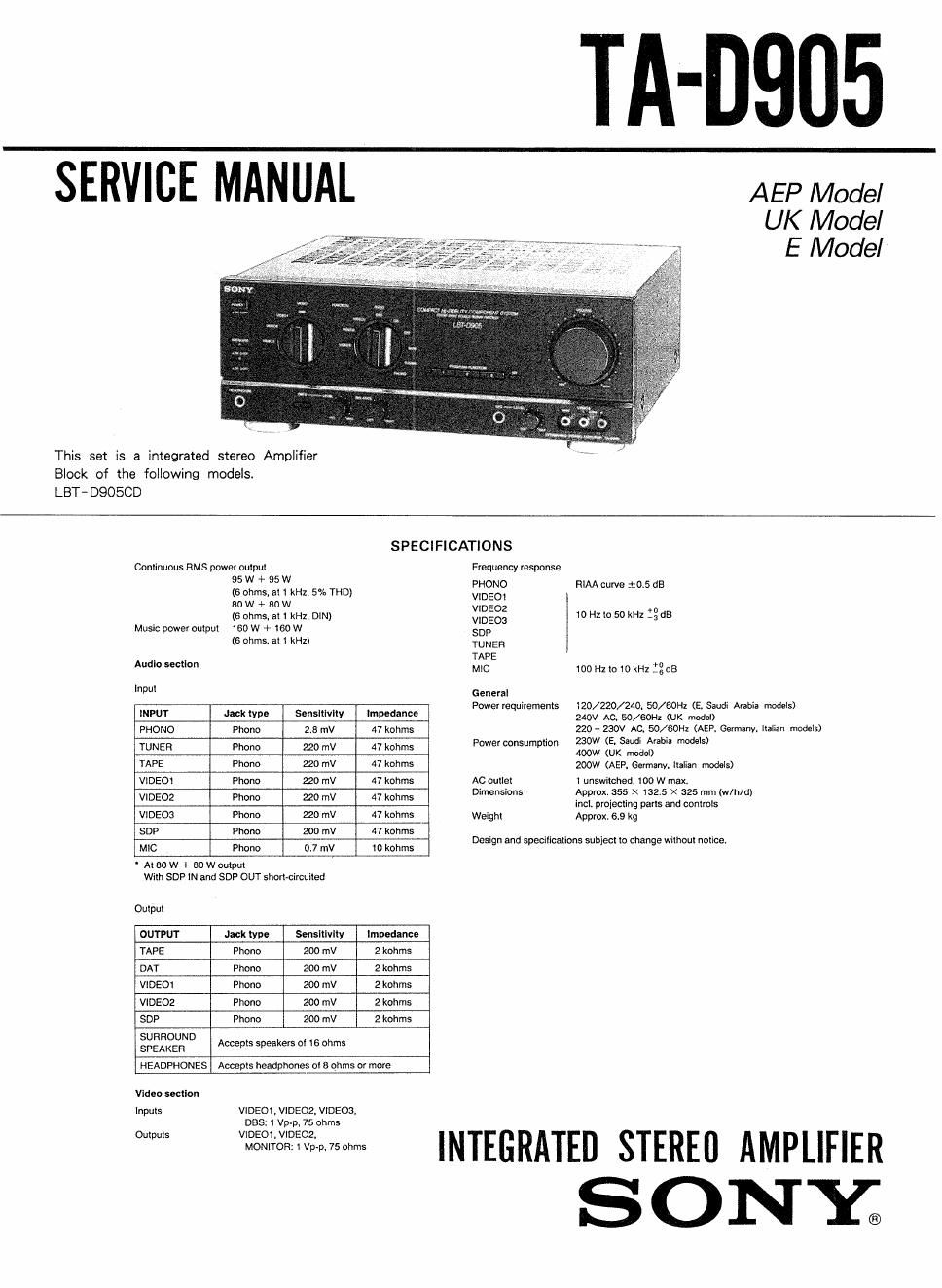 sony ta d 905 service manual