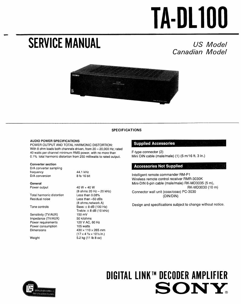 sony ta dl 100 service manual