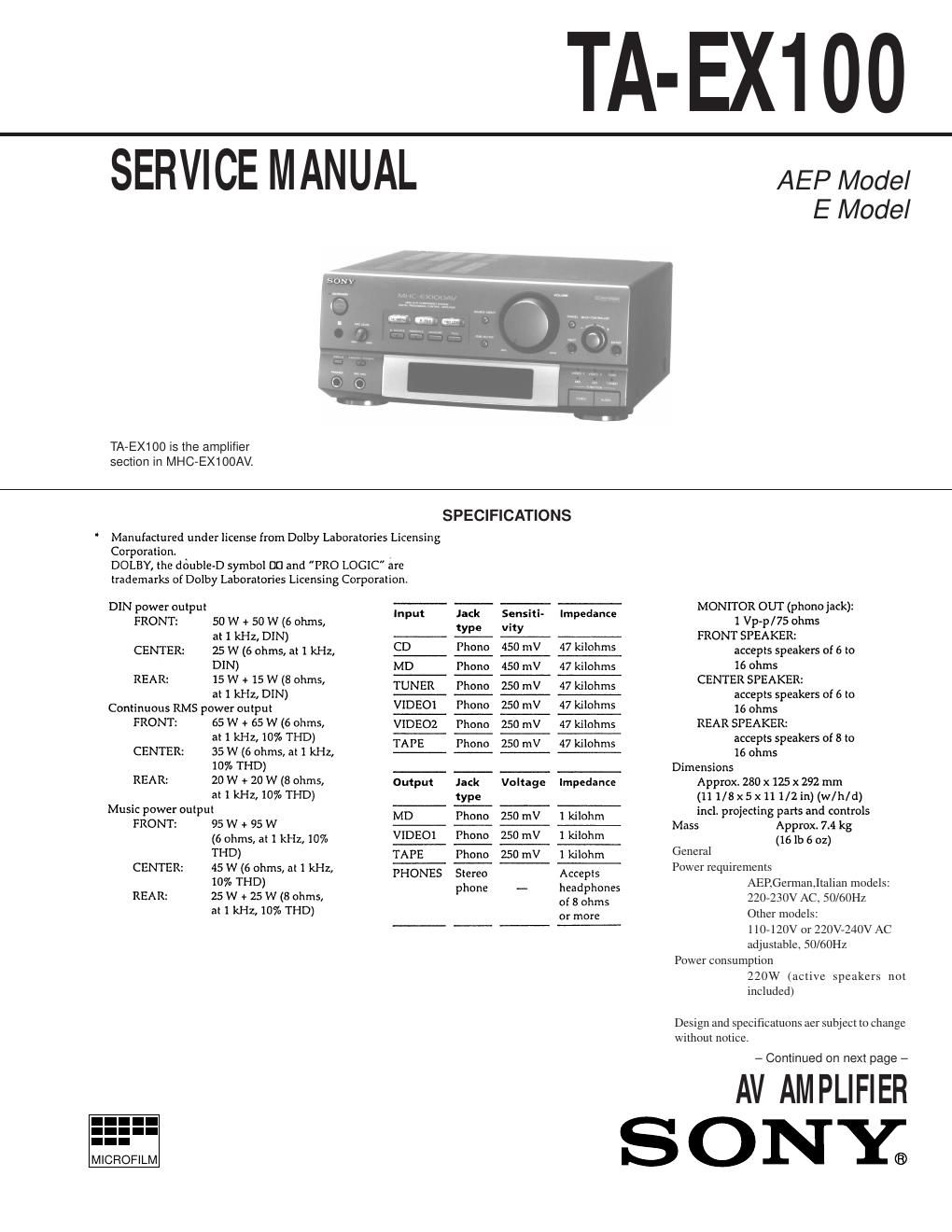 sony ta ex 100 service manual