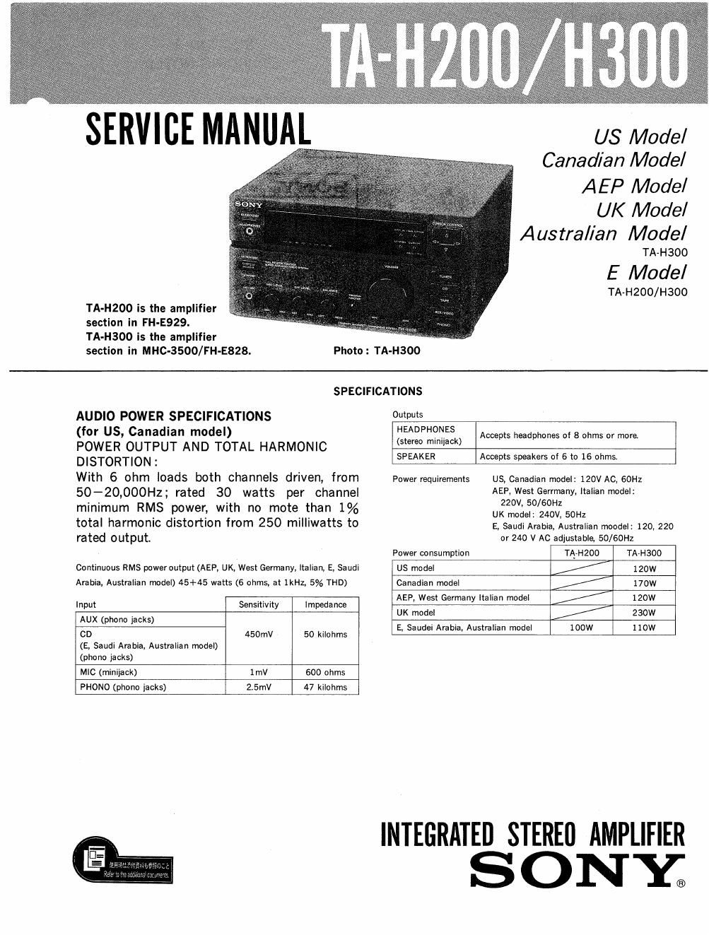 sony ta h 200 service manual