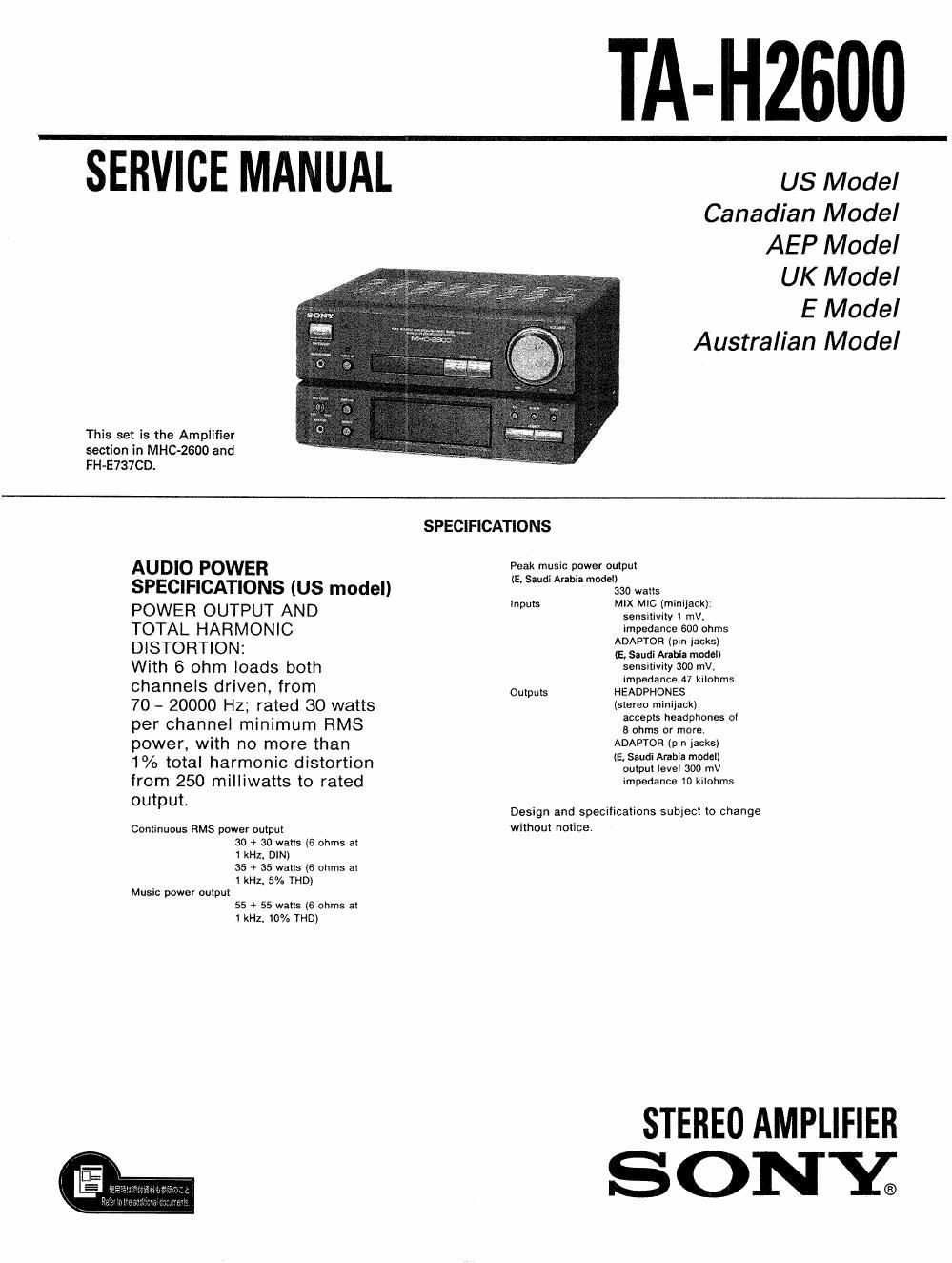 sony ta h 2600 service manual