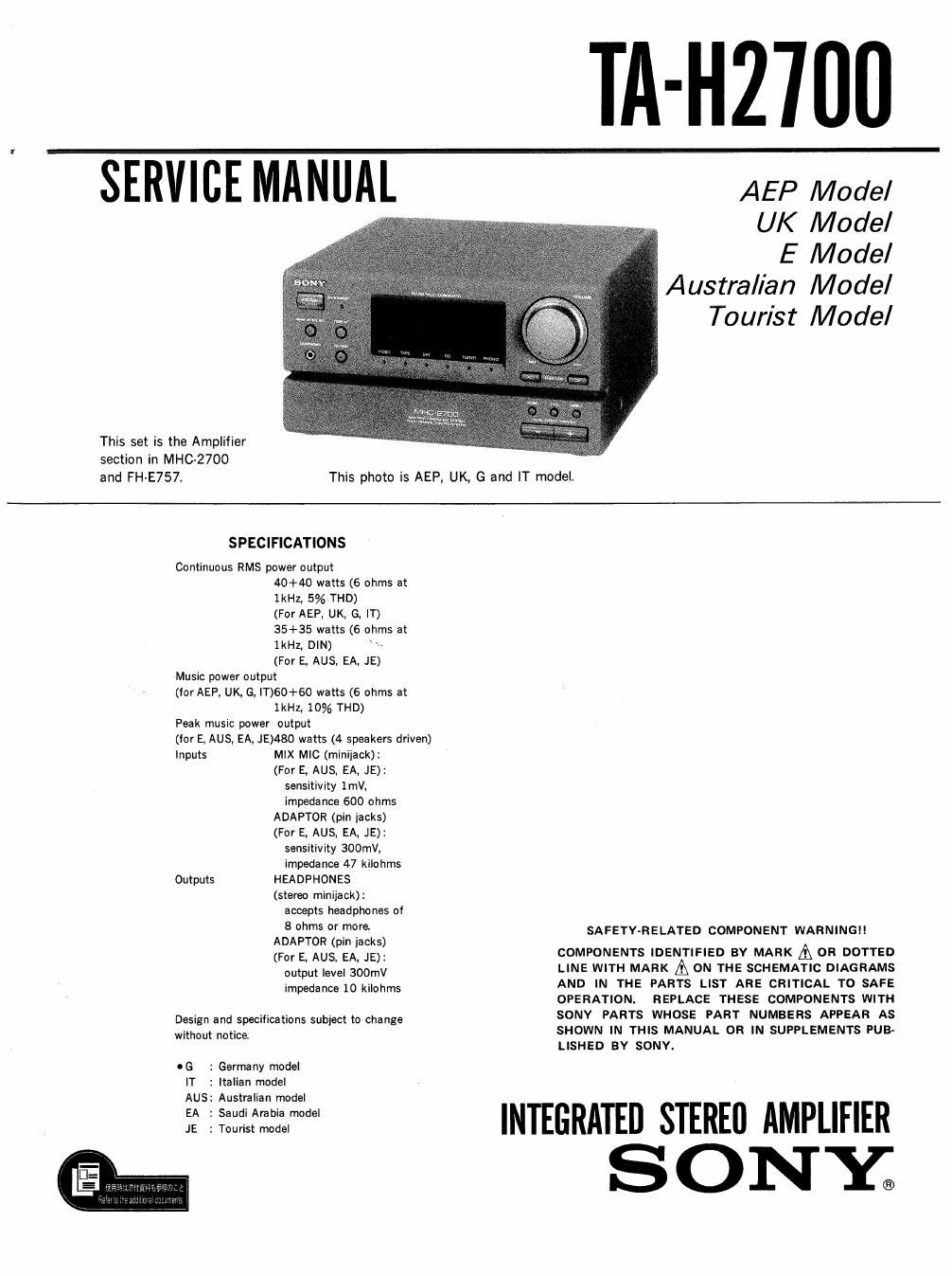 sony ta h 2700 service manual