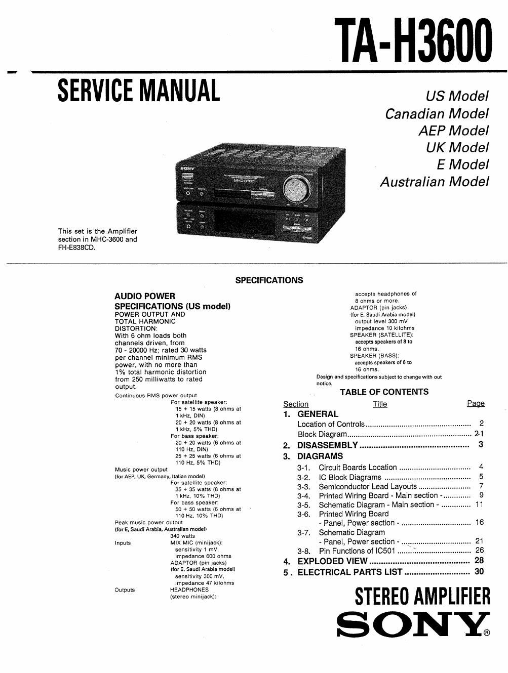 sony ta h 3600 service manual