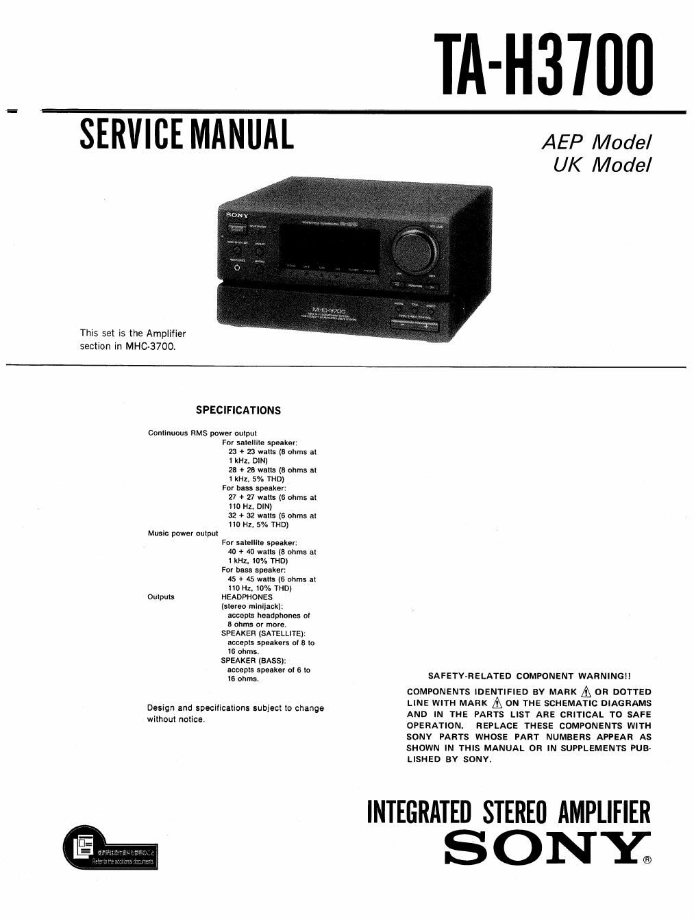 sony ta h 3700 service manual
