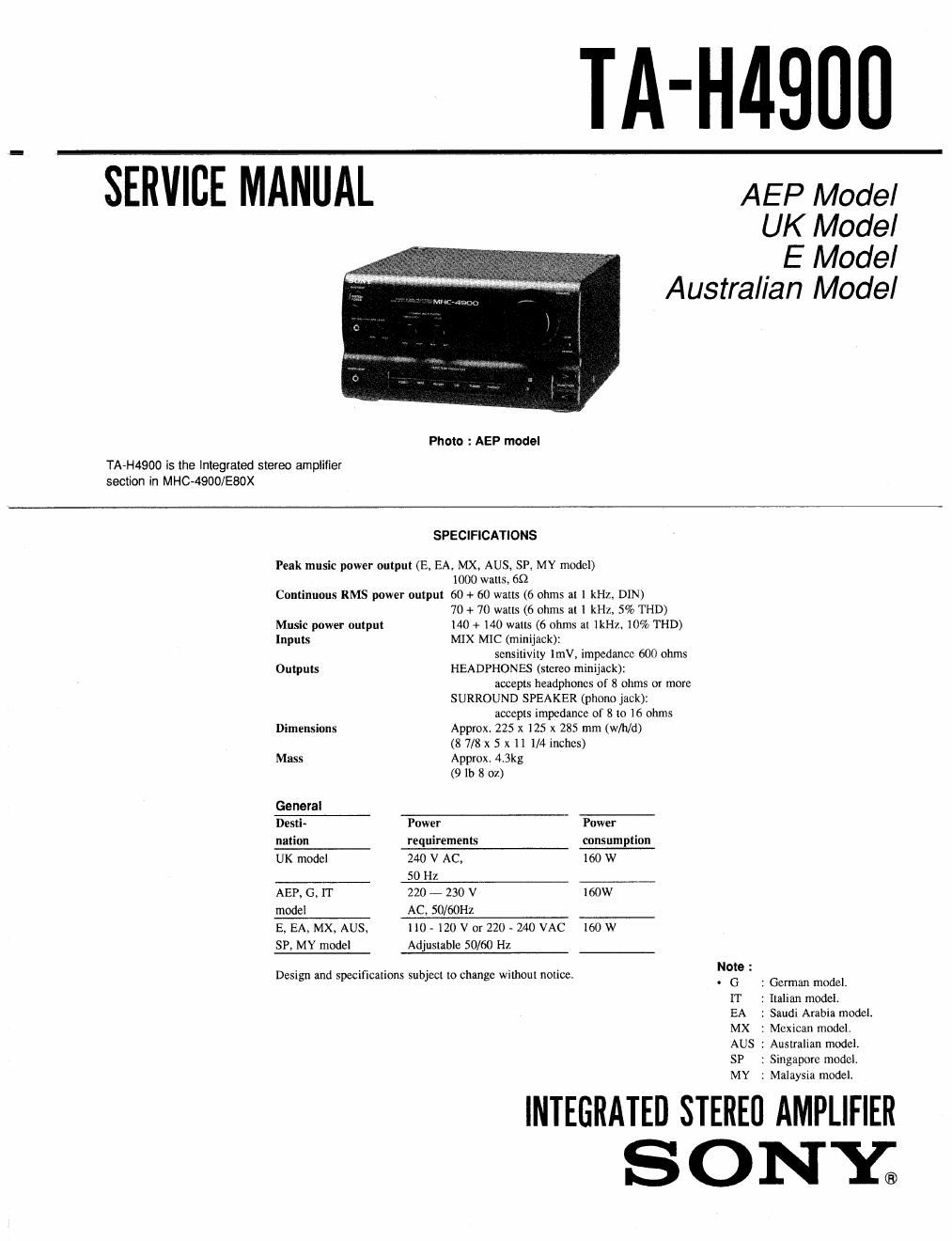 sony ta h 4900 service manual
