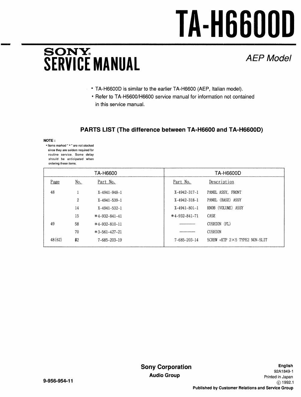 sony ta h 6600 d service manual