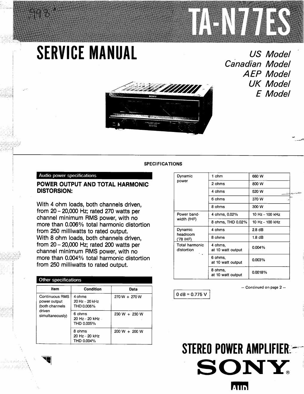 sony ta n 77 es service manual