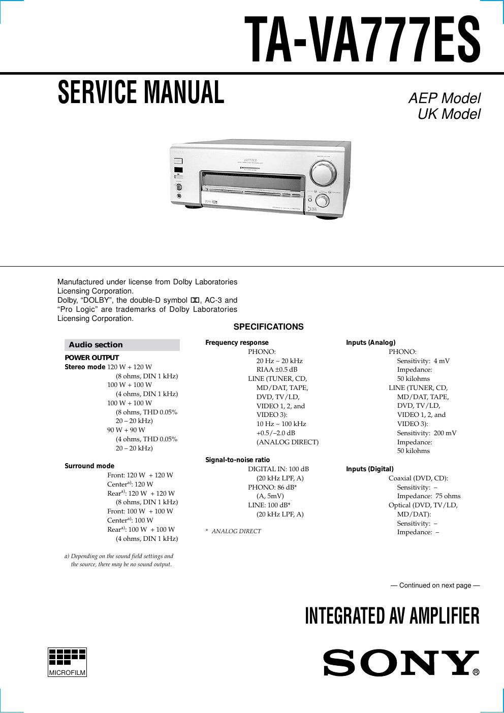 sony ta va777es service manual