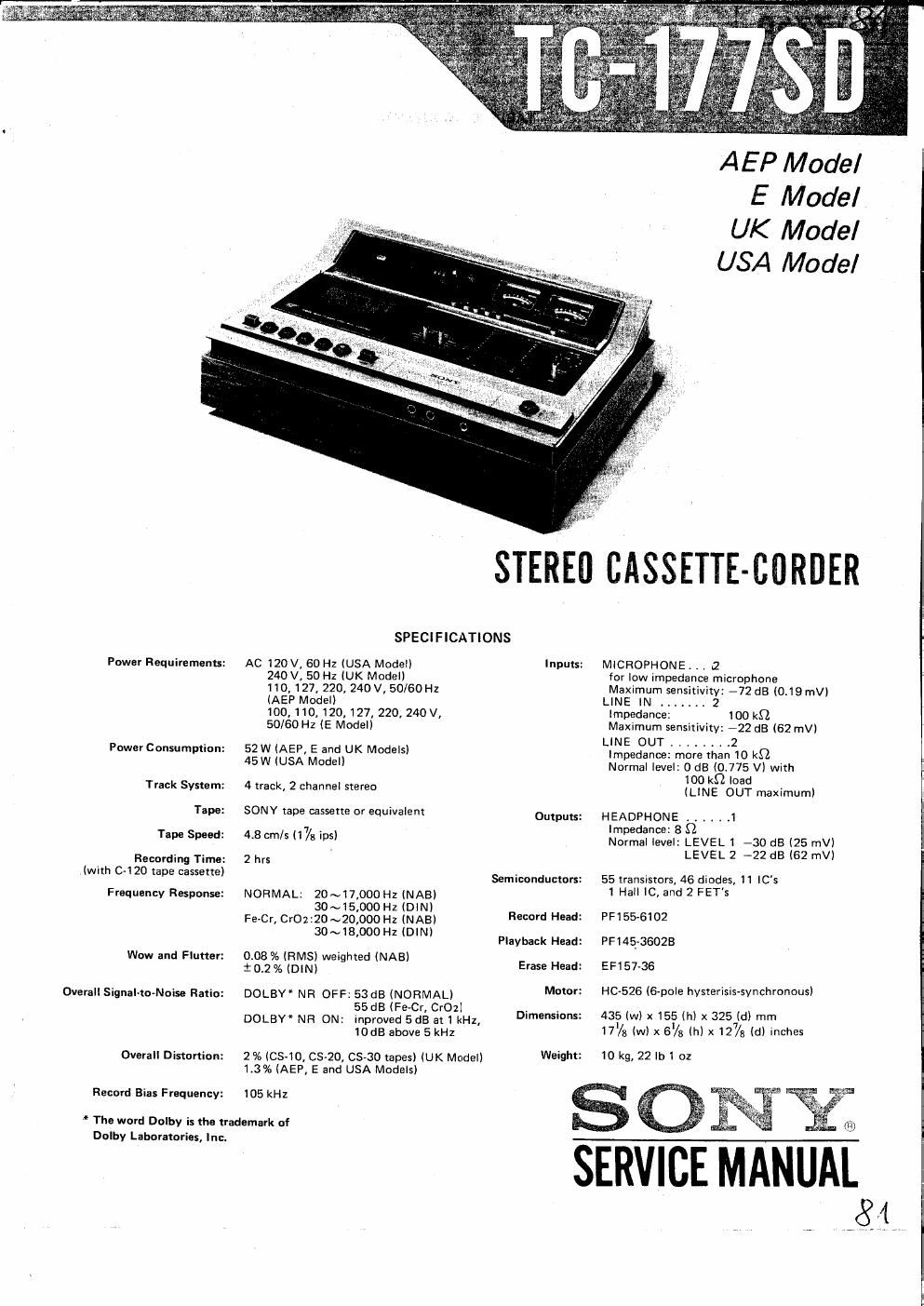 sony tc 177 sd service manual