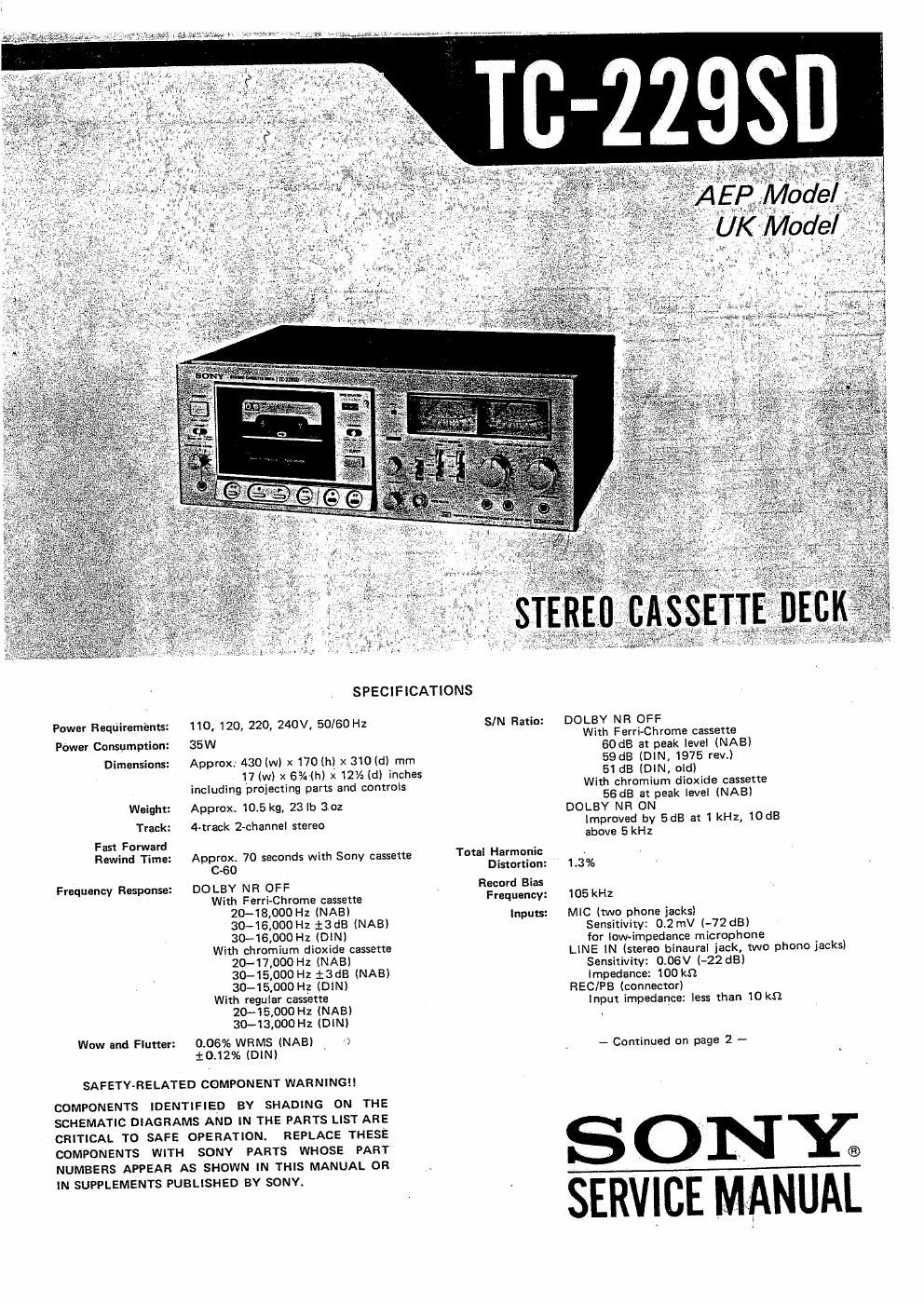 sony tc 229 sd service manual