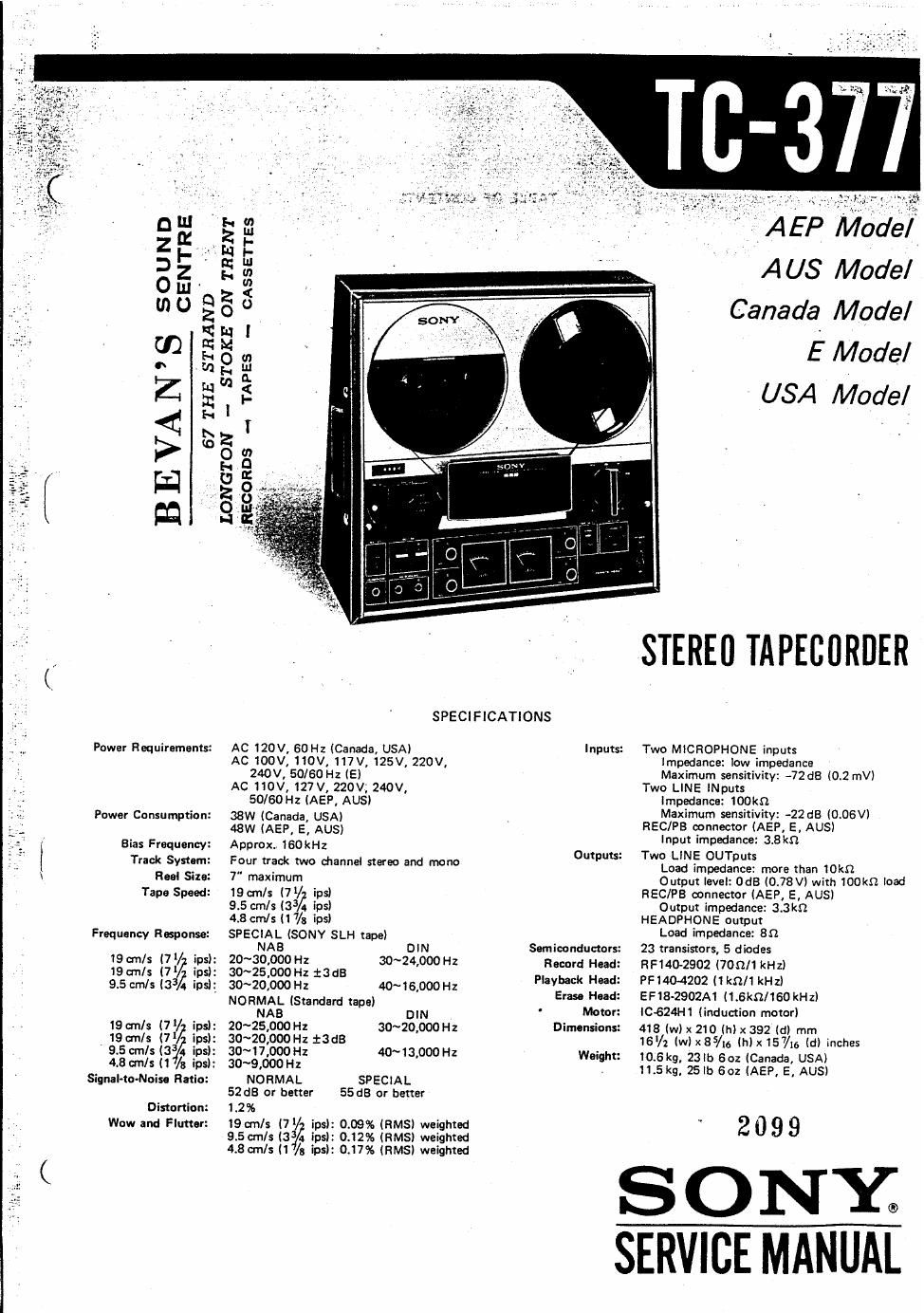 sony tc 377 service manual