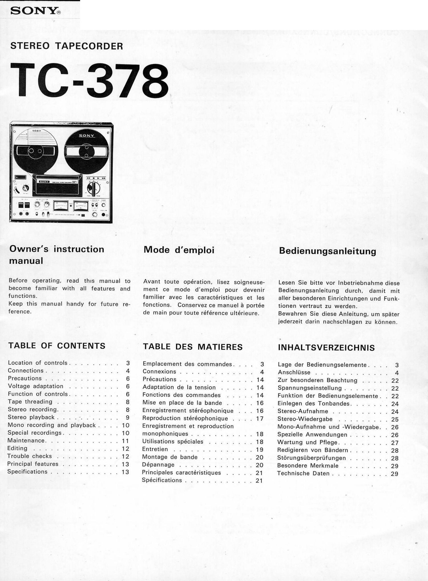 sony tc 378 owners manual