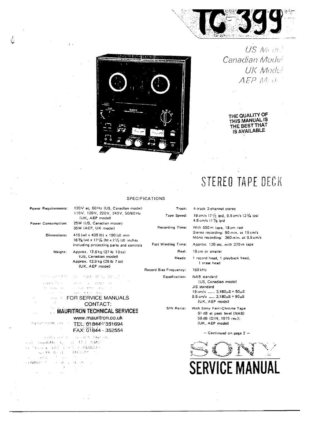 sony tc 399 service manual