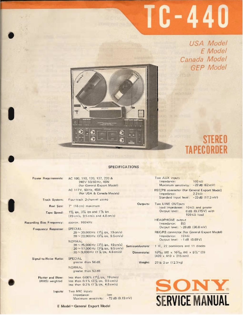 sony tc 440 service manual