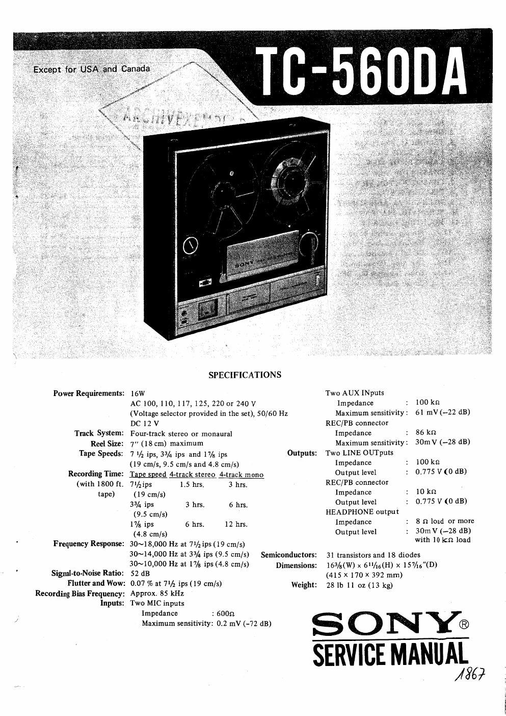 sony tc 560 da service manual