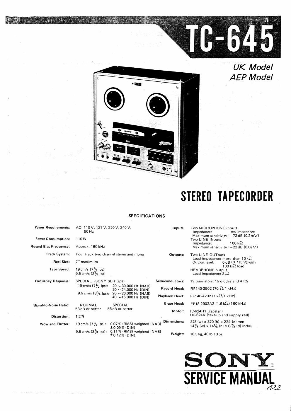 sony tc 645 service manual