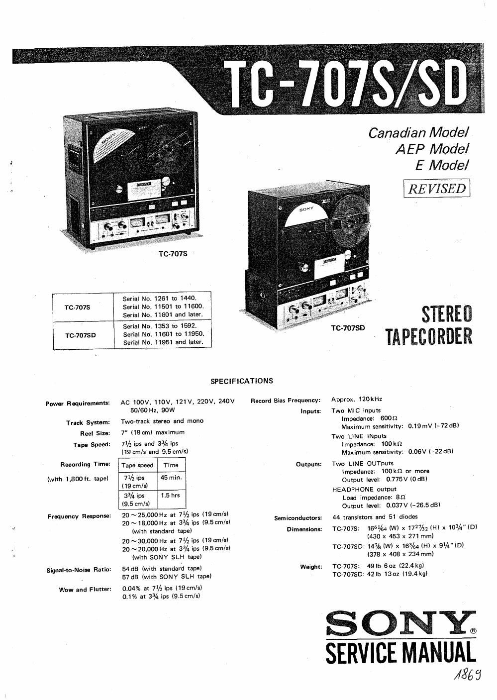 sony tc 707 s service manual