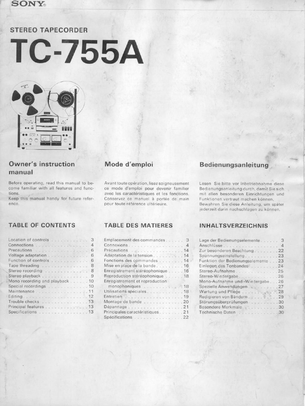 sony tc 755a owners manual