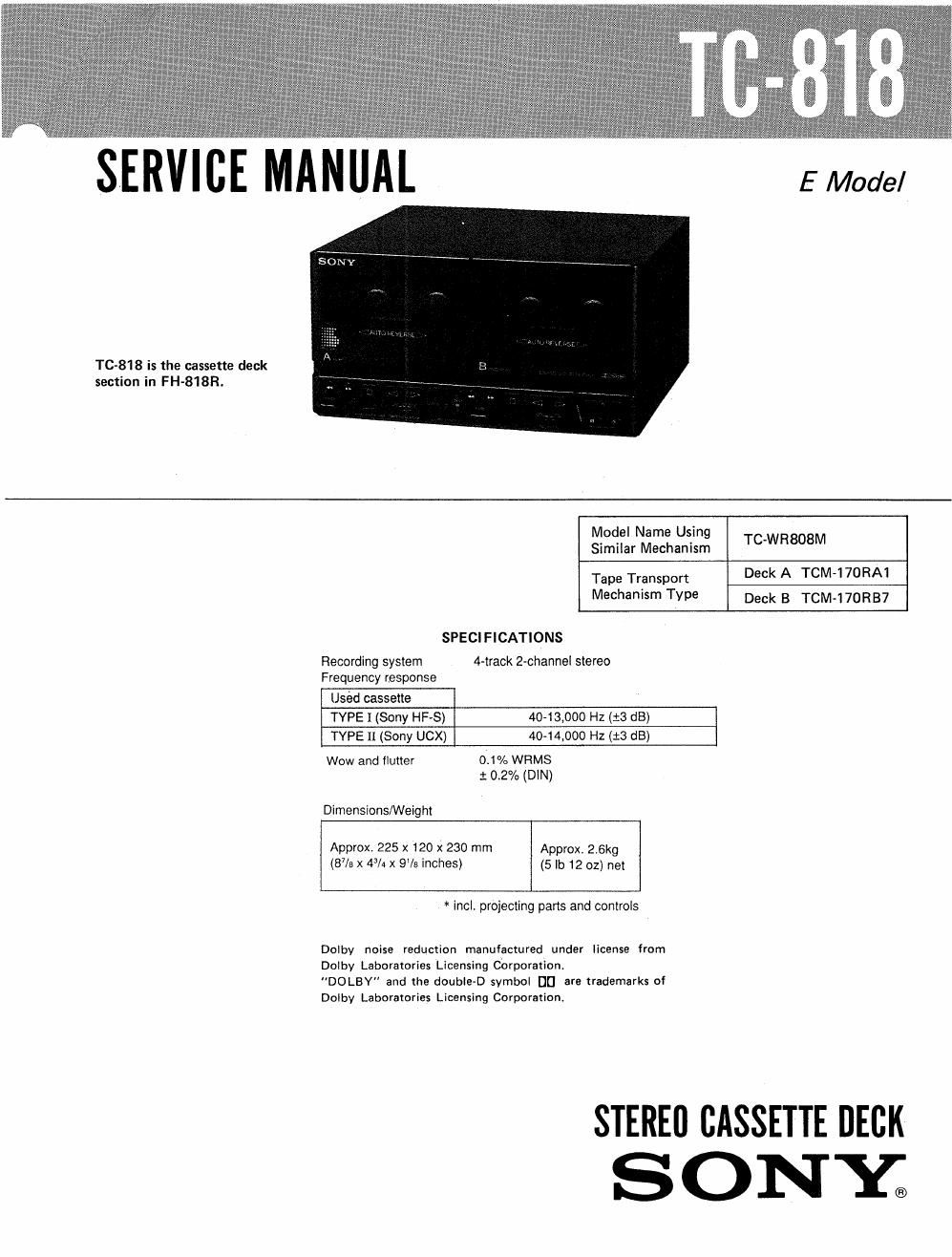 sony tc 818 service manual