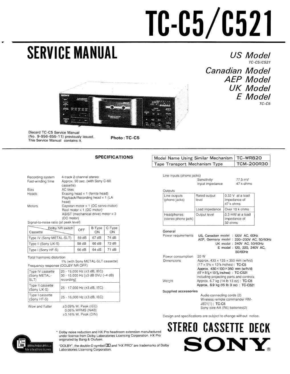 sony tc c 521 service manual