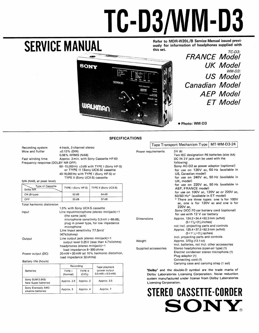 sony tc d 3 service manual