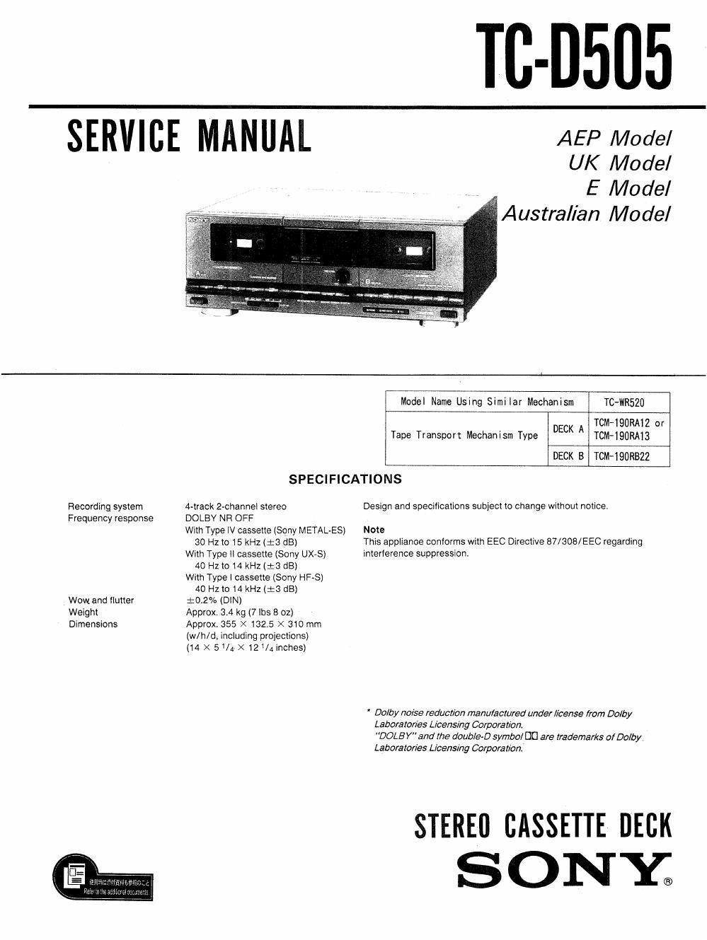 sony tc d 505 service manual