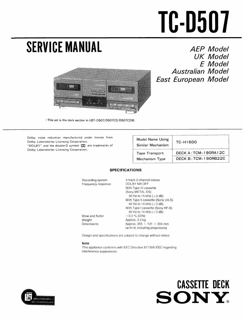sony tc d 507 service manual