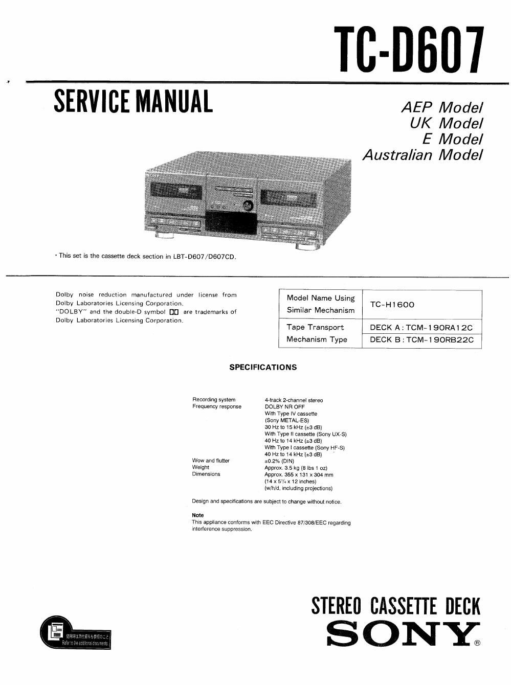 sony tc d 607 service manual
