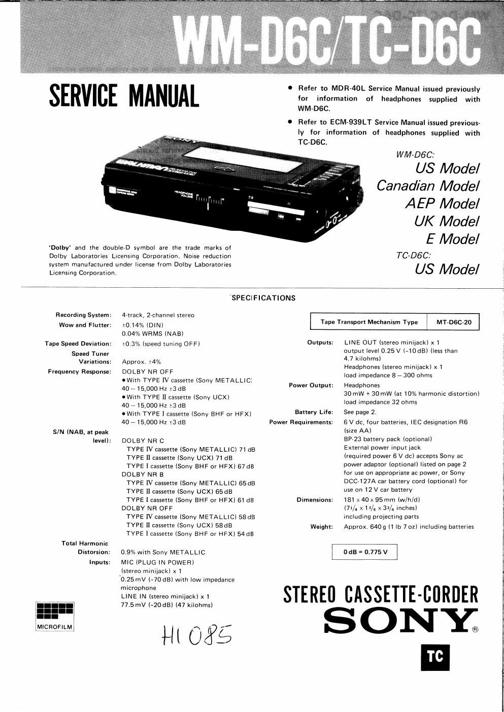 sony tc d 6c service manual