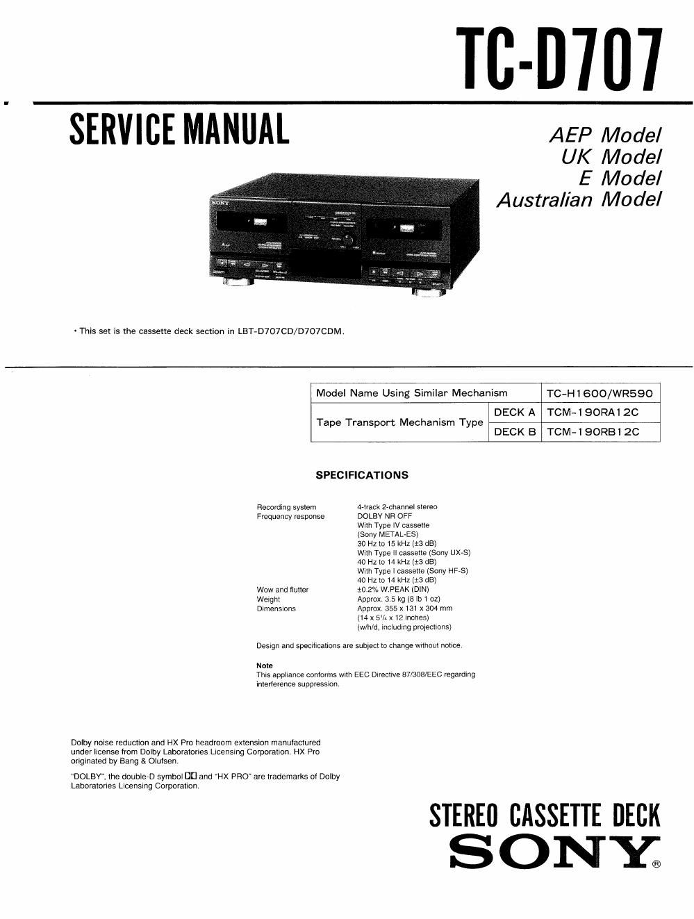sony tc d 707 service manual