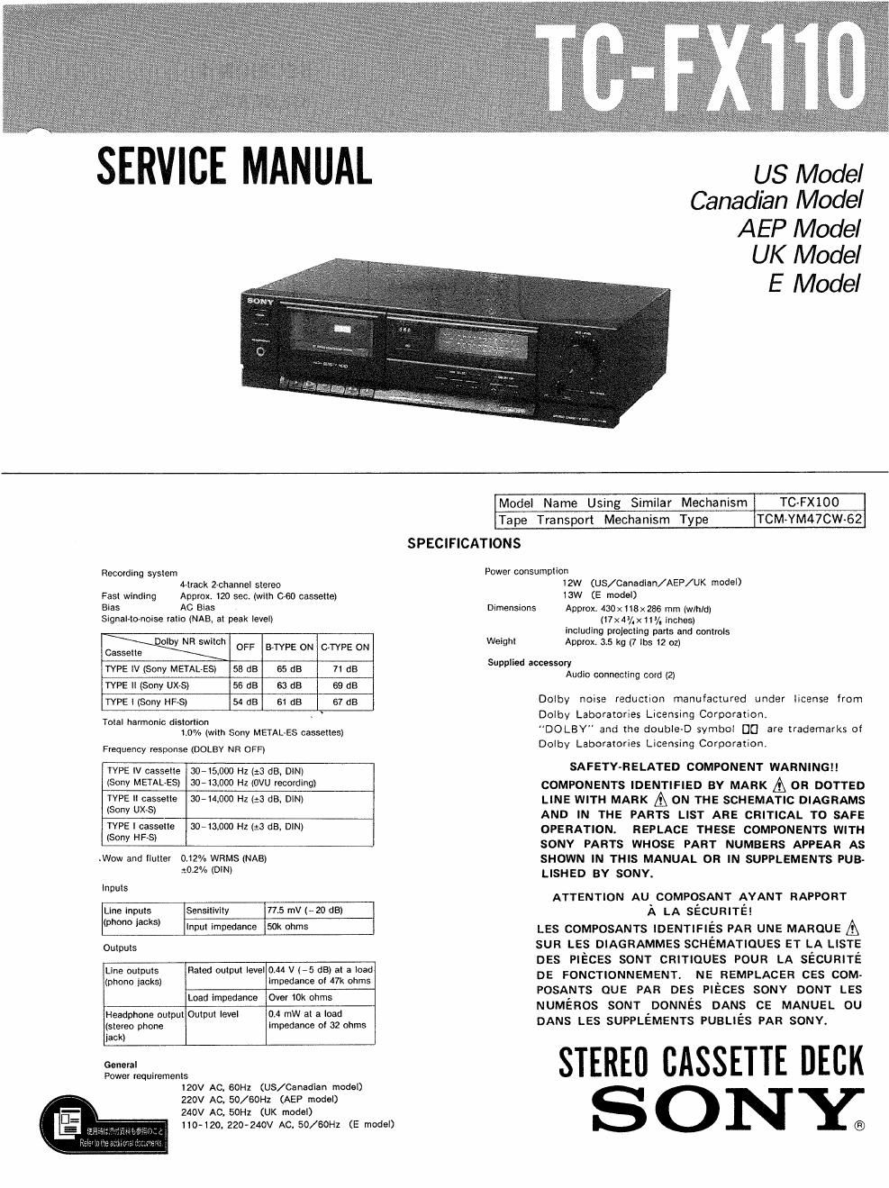 sony tc fx 110 service manual