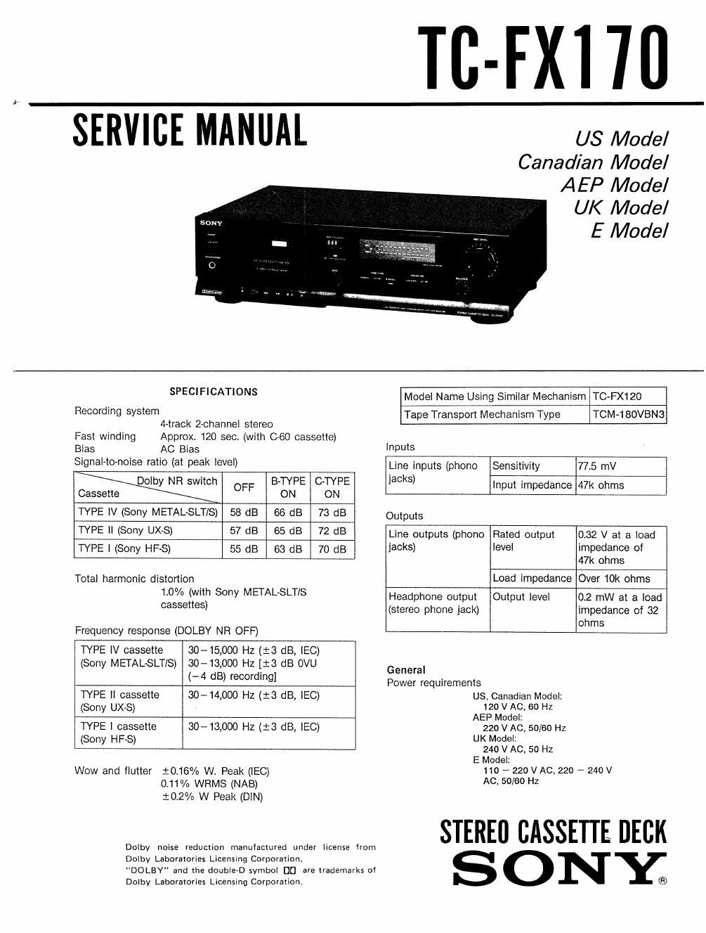 sony tc fx 170 service manual