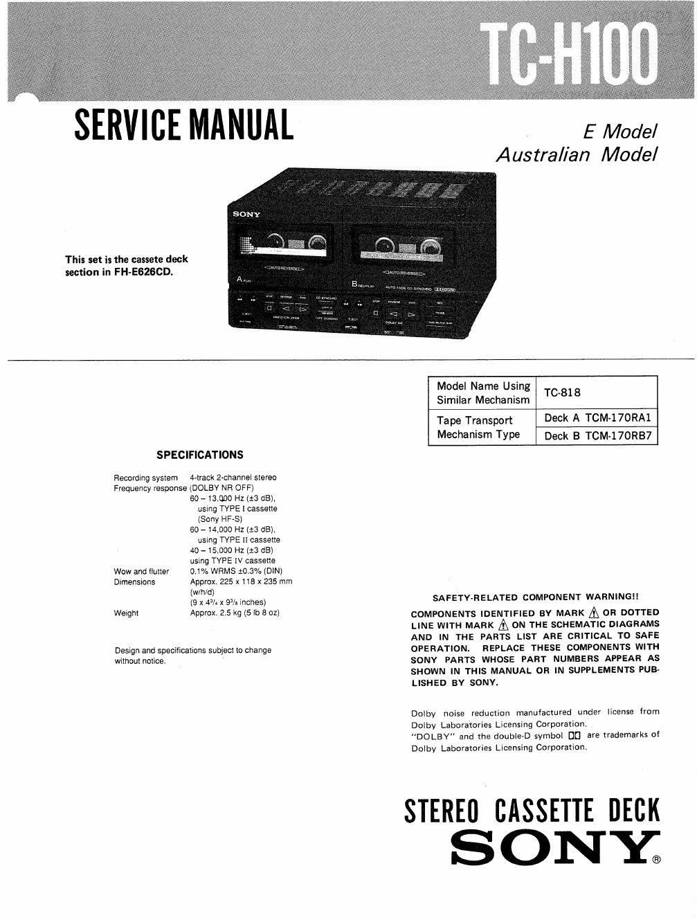 sony tc h 100 service manual