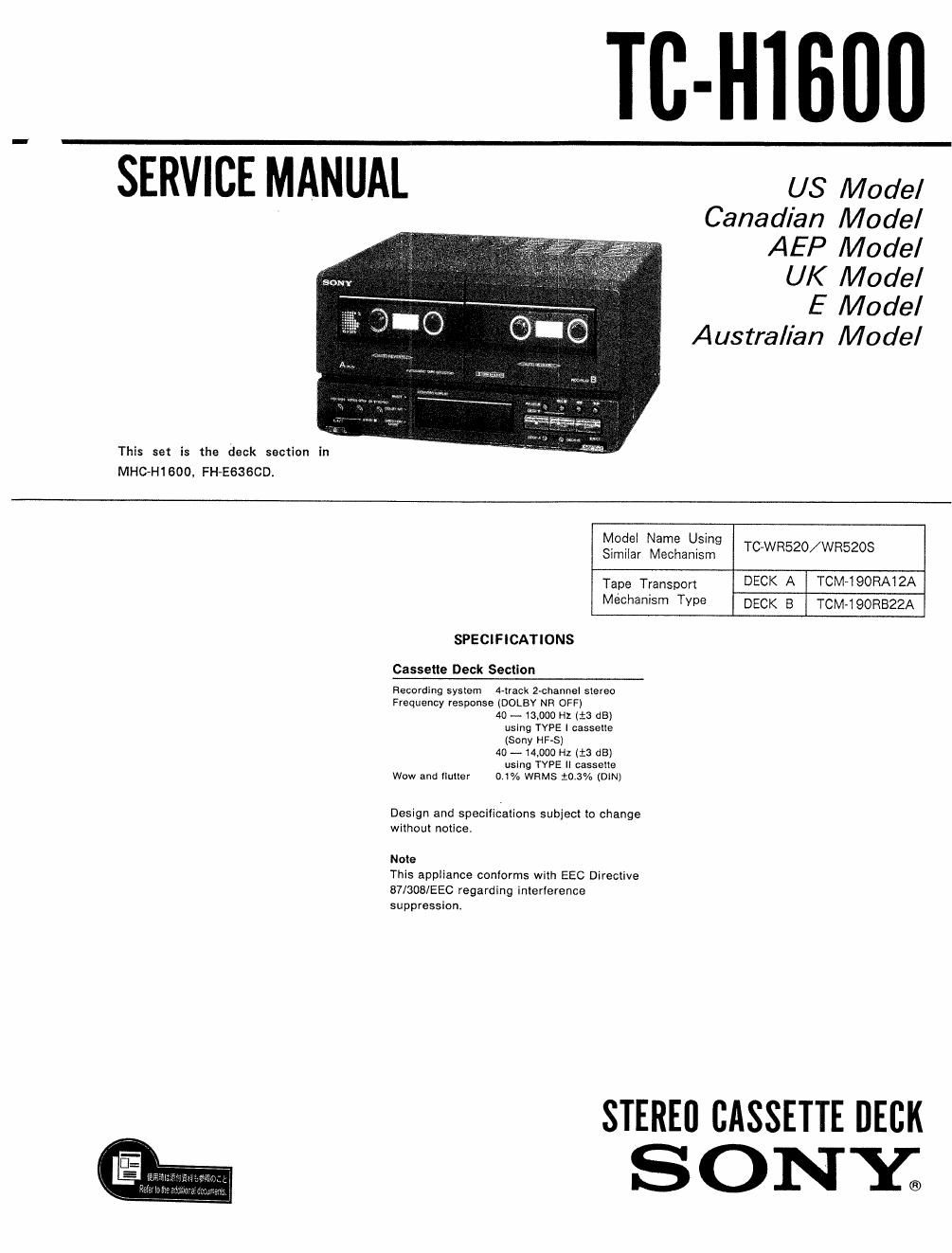 sony tc h 1600 service manual