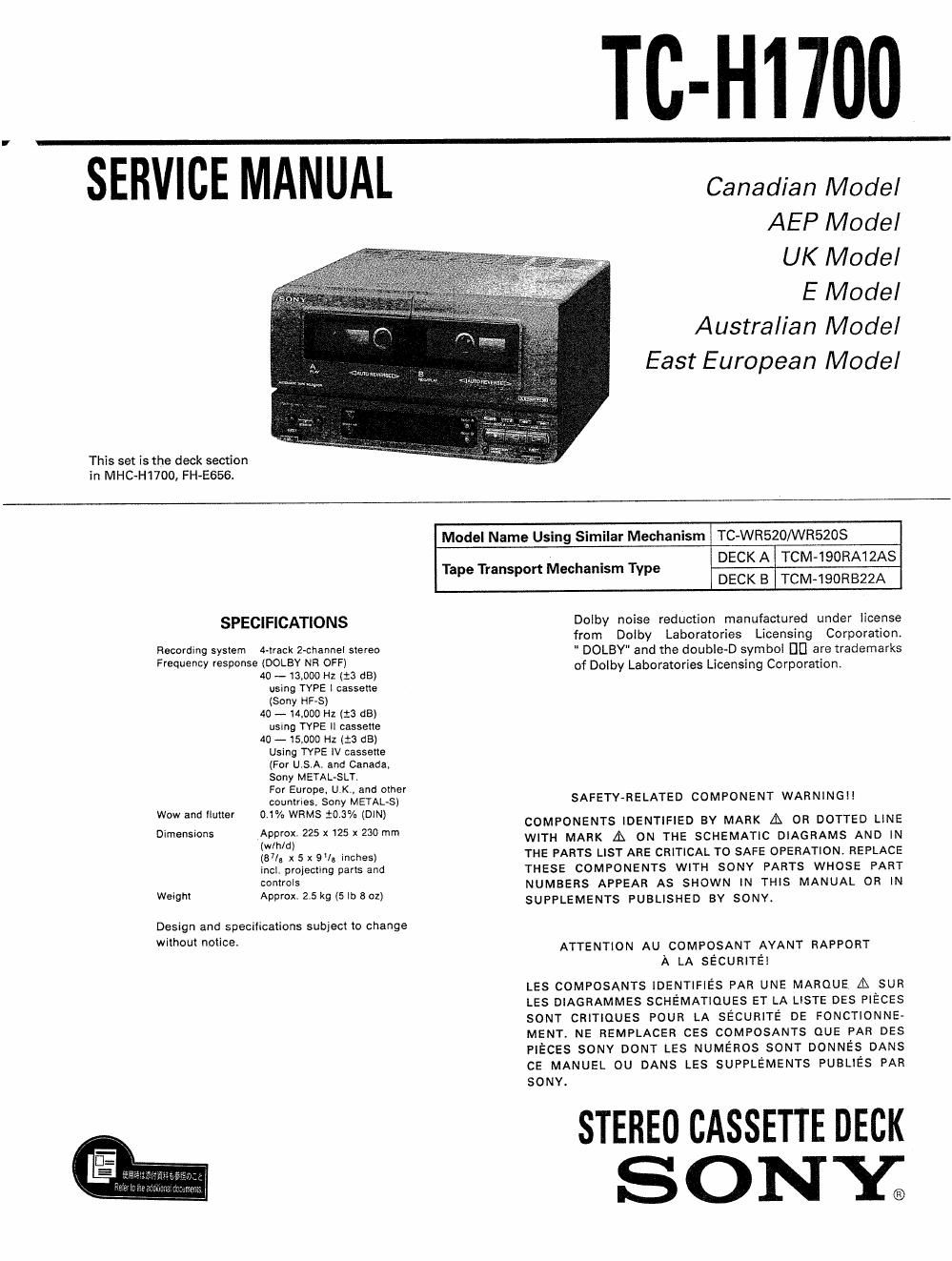 sony tc h 1700 service manual
