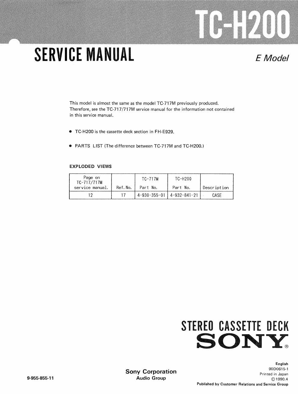 sony tc h 200 service manual