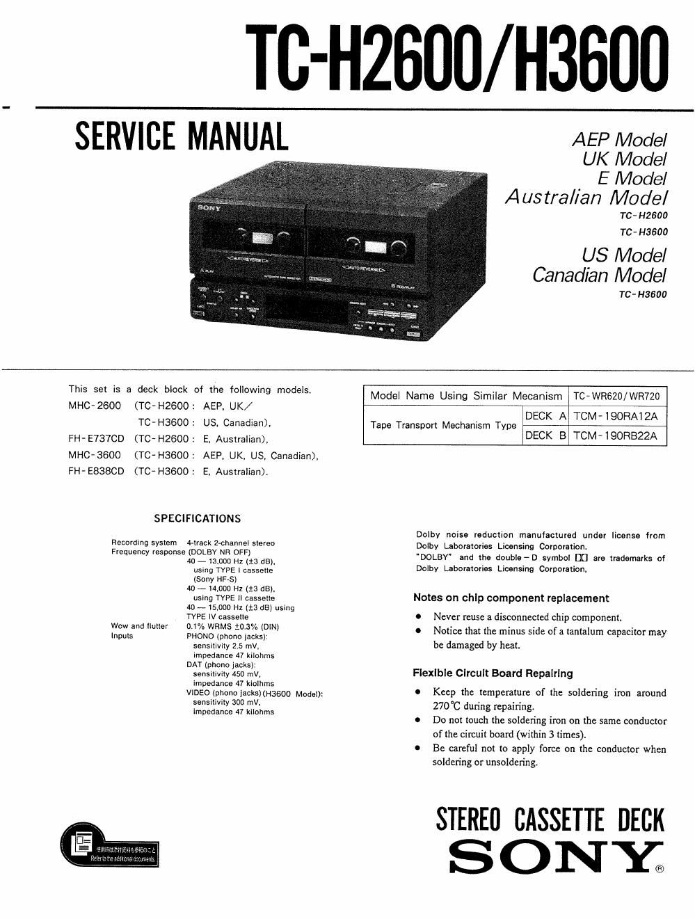 sony tc h 2600 service manual