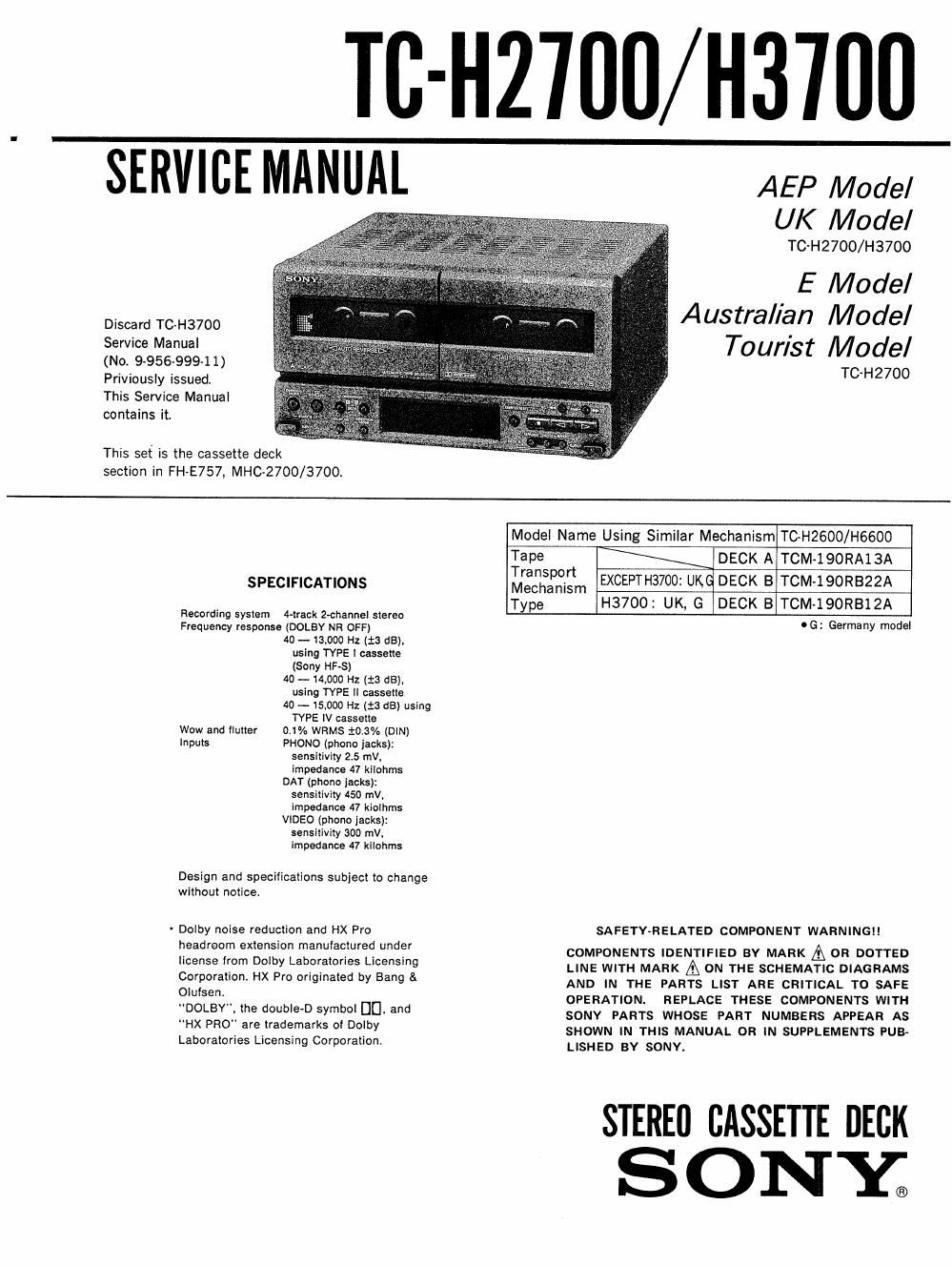 sony tc h 2700 service manual