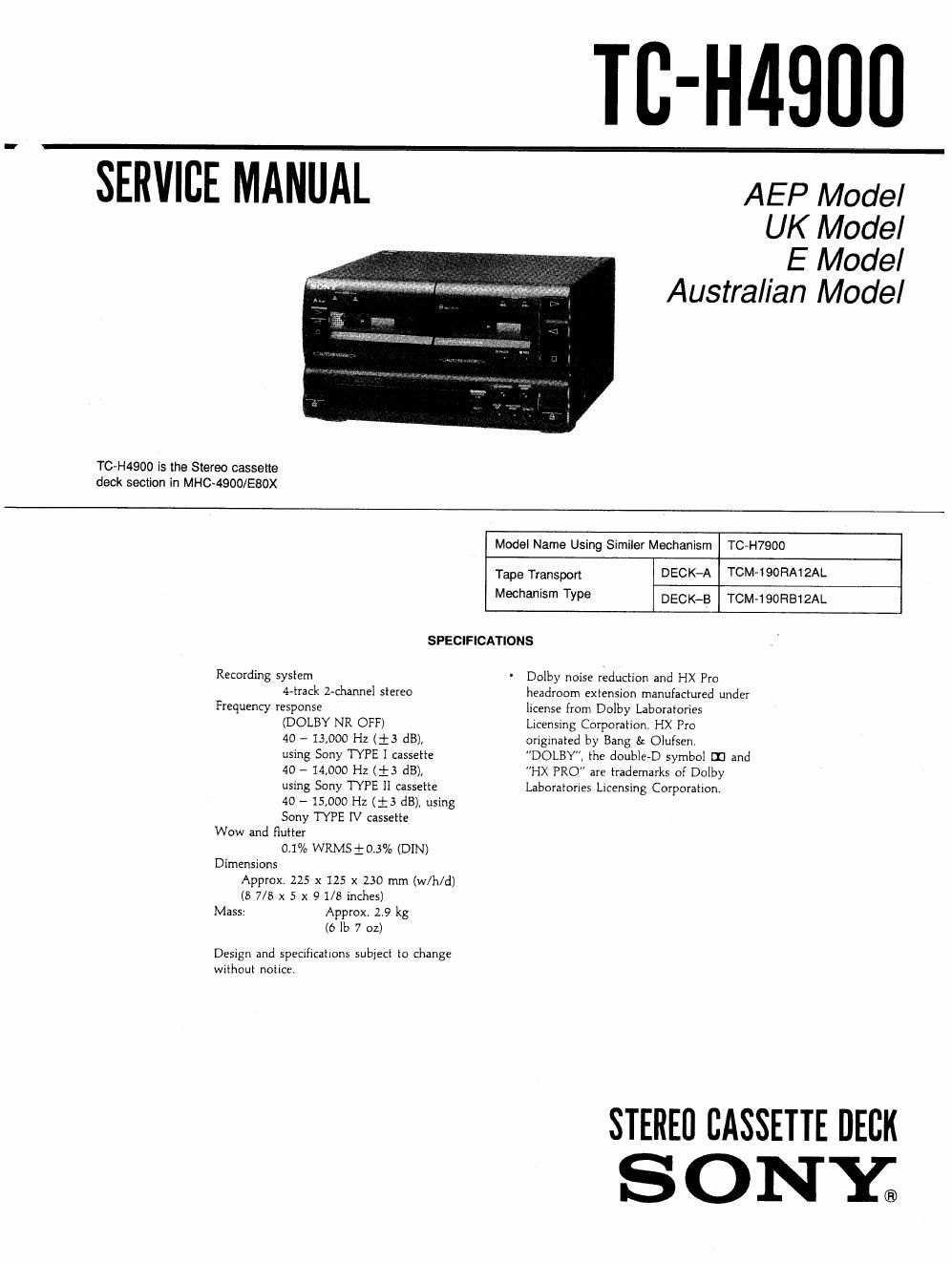 sony tc h 4900 service manual