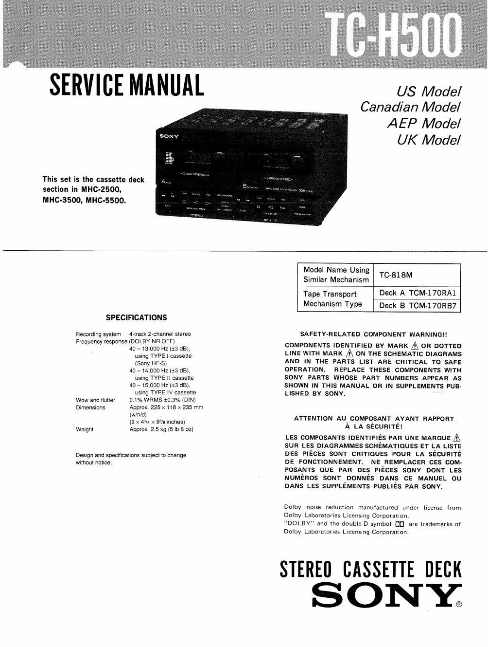 sony tc h 500 service manual