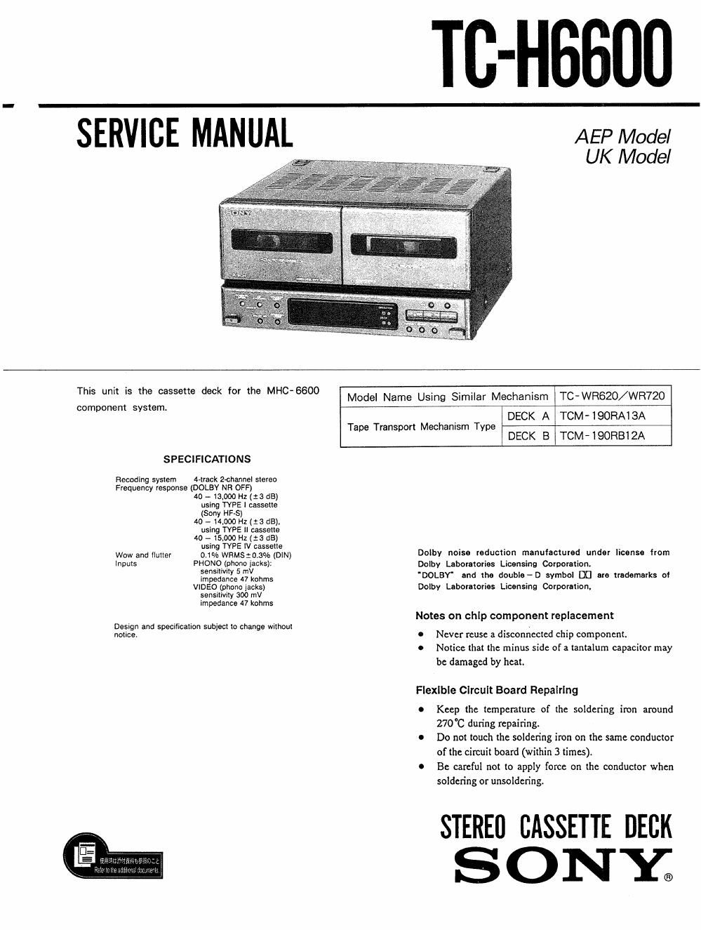 sony tc h 6600 service manual