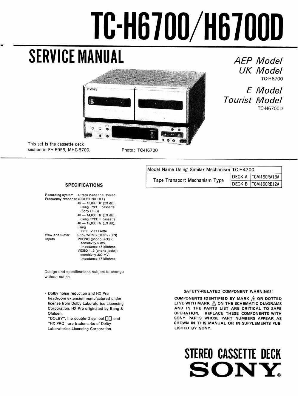 sony tc h 6700 d service manual
